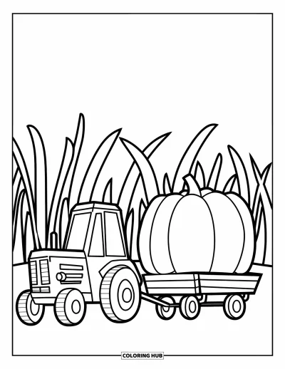 Coloriage Tracteur pour enfants : Un tracteur tire un wagon en bois avec une grosse citrouille à travers de hautes plantes