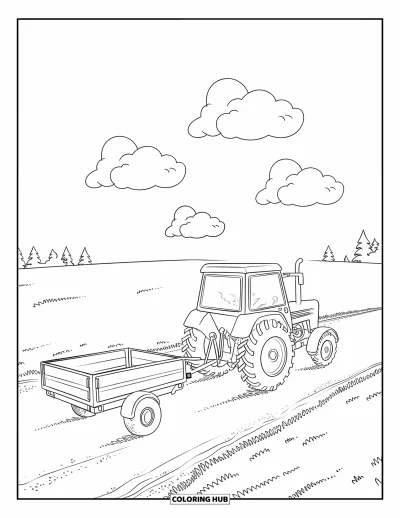 Coloriage de tracteur pour enfants : Un tracteur tire une remorque vide sur un chemin de terre avec des arbres au loin