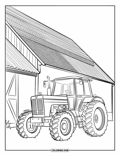 Coloriage Tracteur pour enfants : Un tracteur repose près d’une grange avec des tuiles et des détails expressifs en bois