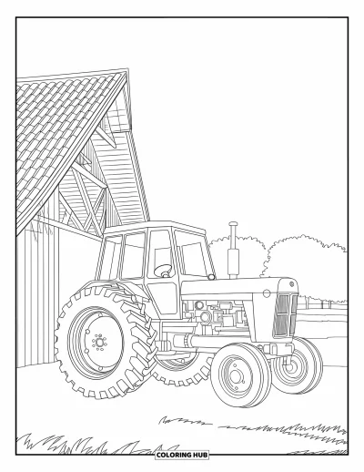Coloriage Tracteur pour enfants : Un tracteur est assis près d’une grange avec des poutres en bois et un large champ en arrière-plan