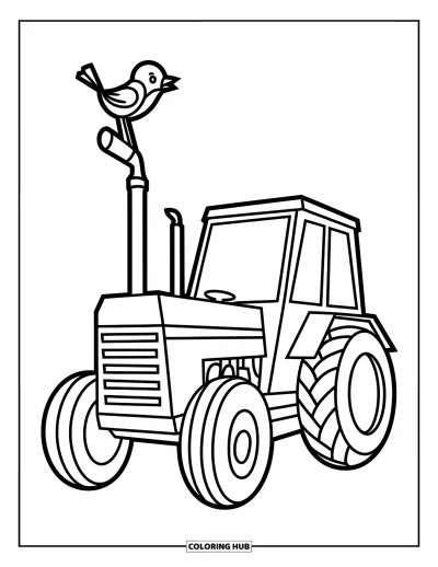 Coloriage de tracteur pour enfants : Un tracteur avec un oiseau sur son tuyau d’échappement se trouve sur un chemin de terre