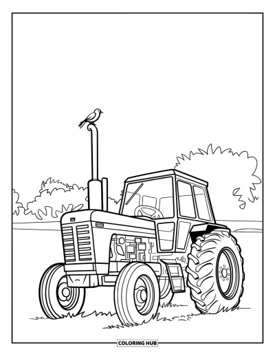 Coloriage de tracteur pour enfants : Un tracteur avec un oiseau sur le tuyau se trouve près d’arbres et d’une ligne d’horizon