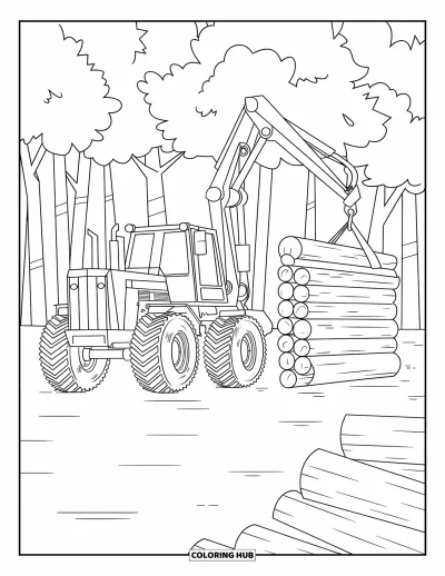 Coloriage de tracteur pour enfants : Un tracteur avec une grue tient une bûche tout en étant entouré de piles soignées et d’arbres forestiers