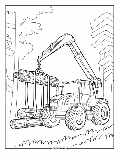 Coloriage Tracteur pour enfants : Un tracteur avec une grue soulève des bûches parmi des arbres avec des contours dynamiques et audacieux