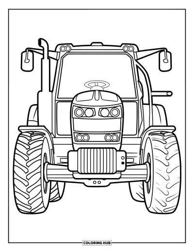 Coloriage Tracteur pour enfants : Un tracteur avec un chargeur frontal et de grands phares est montré de face
