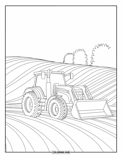 Coloriage de tracteur pour enfants : Un tracteur avec un chargeur frontal se trouve dans un champ avec des collines et des arbres lointains