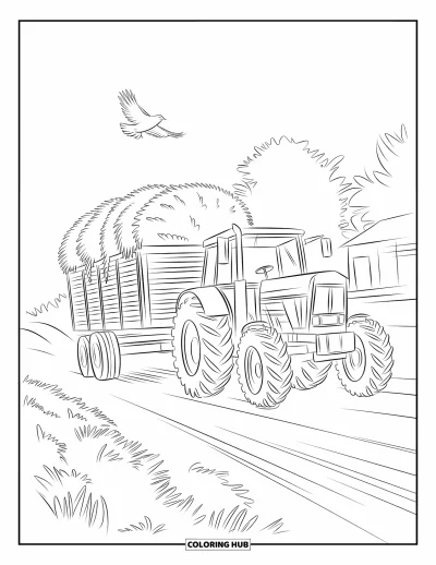 Coloriage Tracteur pour enfants : Un tracteur avec une remorque à foin se déplace le long d’un chemin de terre près des arbres et d’un bâtiment