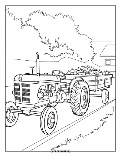 Coloriage de tracteur pour enfants : Un tracteur avec une grande roue tire un wagon rempli de pommes sur une route près de bâtiments