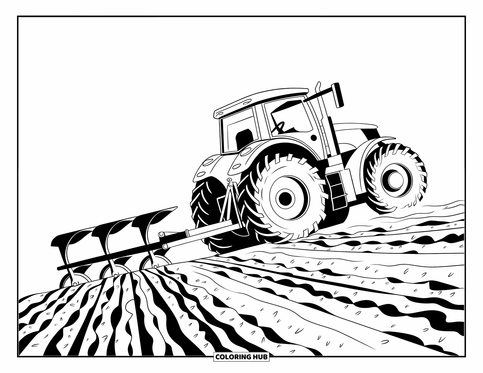 Kolorowanka z traktorem dla dzieci: Traktor z pługiem porusza się po nierównej glebie z odważnymi dynamicznymi liniami