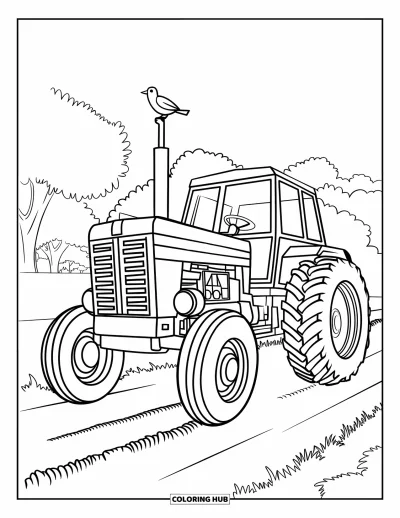 Coloriage de tracteur pour enfants : Un tracteur avec un grand tuyau d’échappement a un petit oiseau perché sur le dessus