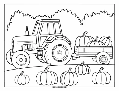 Coloriage Tracteur pour enfants : Un tracteur avec une remorque traverse un champ de citrouilles entouré d’arbres