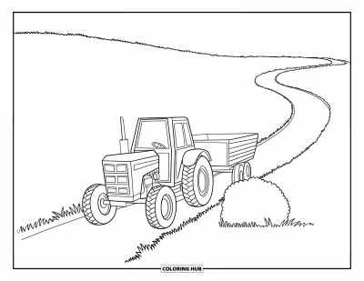 Coloriage de tracteur pour enfants : Un tracteur avec une remorque se déplace le long d’un chemin sinueux à travers des champs ouverts