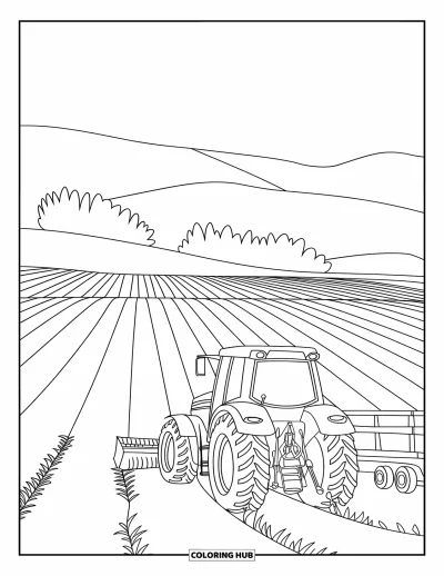 Coloriage de tracteur pour enfants : Un tracteur avec une remorque laboure un champ plat entouré de collines et d’arbres