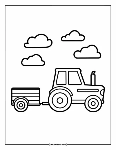 Coloriage Tracteur pour enfants : Un tracteur avec une remorque vide roule sous trois petits nuages