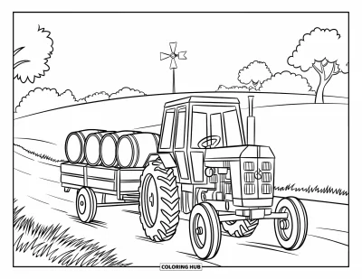 Coloriage Tracteur pour enfants : Un tracteur avec des barils sur un wagon parcourt un chemin de terre devant des collines et des arbres