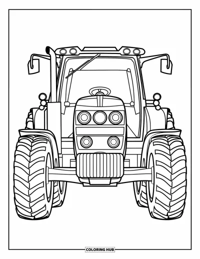 Coloriage de tracteur pour enfants : Un tracteur avec de gros phares et un chargeur frontal est montré de face