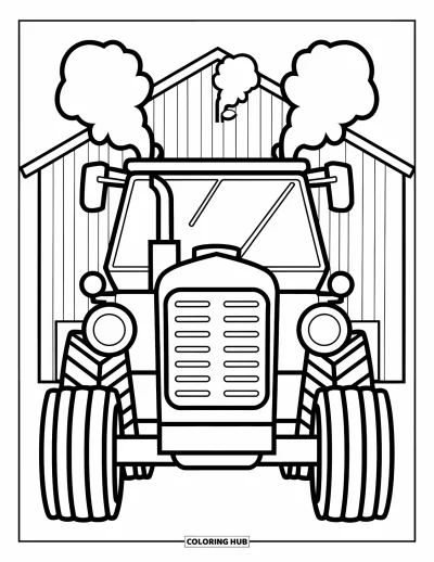 Coloriage de tracteur pour enfants : Un tracteur avec de gros phares et des bouffées de vapeur se trouve devant une grange