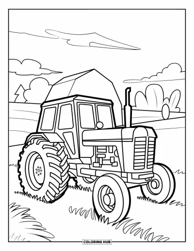 Coloriage Tracteur pour enfants : Un tracteur avec de grandes roues rondes passe devant une grange et quelques arbres