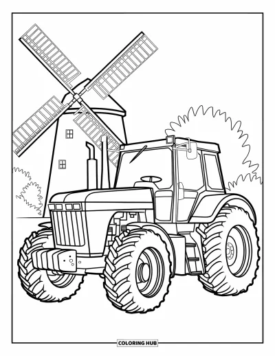 Coloriage Tracteur pour enfants : Un tracteur avec des détails audacieux est garé près d’un moulin à vent et de quelques arbres