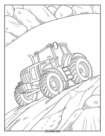 Coloriage de tracteur pour enfants : Un tracteur avec des marques de terre et des sculptures grimpe une colline rocheuse avec de grosses pierres