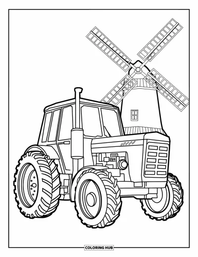 Coloriage de tracteur pour enfants : Un tracteur avec des tuyaux d’échappement et des sculptures est placé avec un moulin à vent en arrière-plan