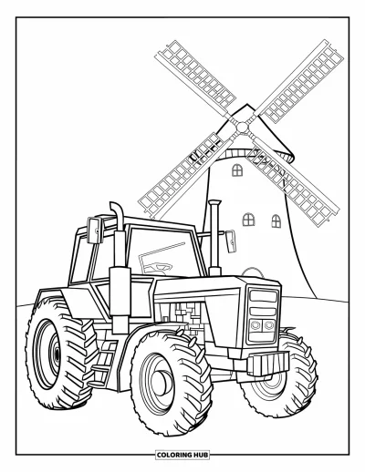 Coloriage de tracteur pour enfants : Un tracteur avec des tuyaux d’échappement et des sculptures se trouve près d’un moulin à vent
