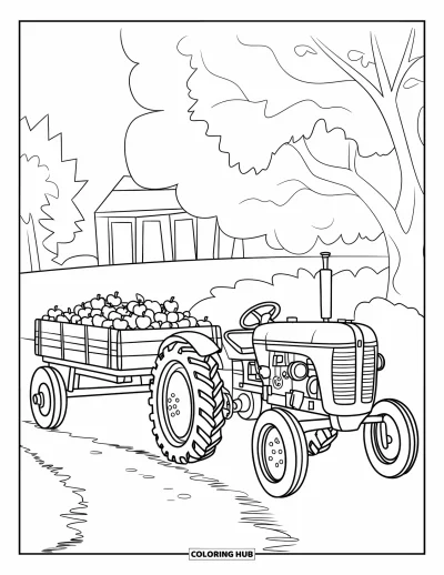 Coloriage de tracteur pour enfants : Un tracteur avec des engrenages tire un wagon de pommes le long d’un chemin avec des arbres à proximité