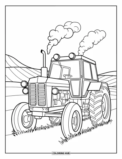 Coloriage Tracteur pour enfants : Un tracteur avec de grands phares et de la vapeur se trouve dans un champ avec des collines