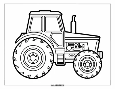Coloriage Tracteur pour enfants : Un tracteur avec de grandes roues et des détails de boulons se tient sans décorations supplémentaires