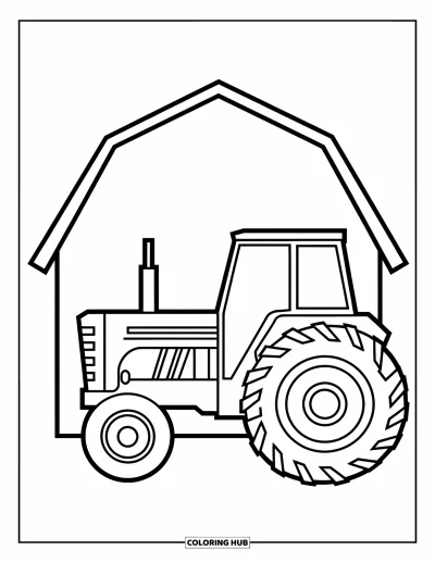 Coloriage de tracteur pour enfants : Un tracteur avec de grandes roues passe devant une grange de forme simple