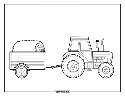 Coloriage de tracteur pour enfants : Un tracteur avec de grandes roues tire une remorque transportant une seule botte de foin rectangulaire