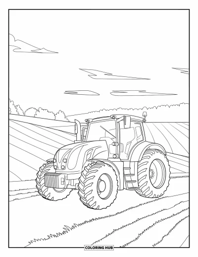 Coloriage de tracteur pour enfants : Un tracteur avec de grandes roues se trouve sur un chemin de terre avec des collines et des arbres autour