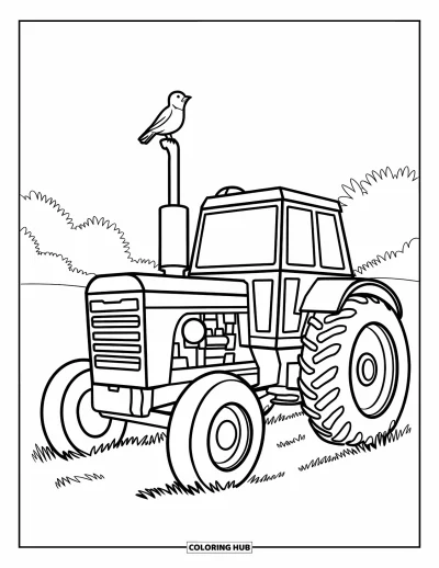 Coloriage Tracteur pour enfants : Un tracteur avec des roues rondes et un oiseau sur le dessus repose dans un champ
