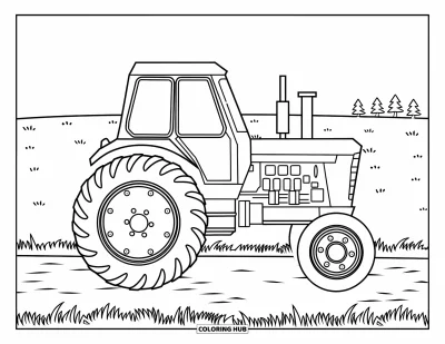 Coloriage de tracteur pour enfants : Un tracteur avec des roues rondes et des boulons est garé sur un chemin de terre près de champs ouverts
