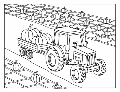 Coloriage de tracteur pour enfants : Un tracteur avec des roues rondes tire une remorque remplie de citrouilles dans un champ de ferme