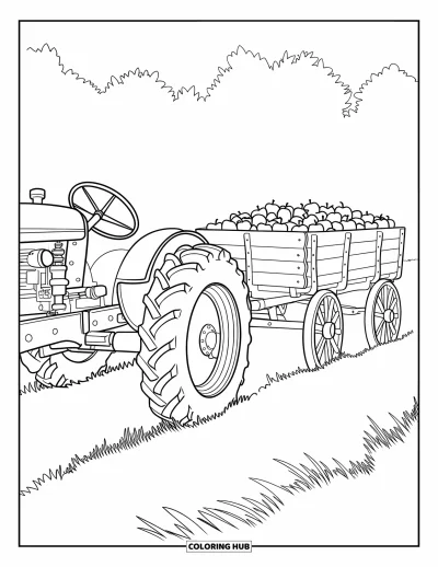 Coloriage de tracteur pour enfants : Un tracteur avec des engrenages visibles tire un wagon en bois rempli de pommes