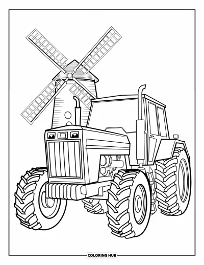 Coloriage de tracteur pour enfants : Un tracteur avec des sculptures de roues se trouve près d’un moulin à vent aux contours nets et audacieux