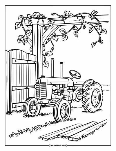 Coloriage Tracteur pour enfants : Un tracteur vintage est garé près d’un portail en bois couvert de vigne et d’un champ herbeux