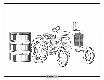 Coloriage de tracteur pour enfants : Un tracteur ancien avec un siège en cuir est garé à côté de caisses empilées