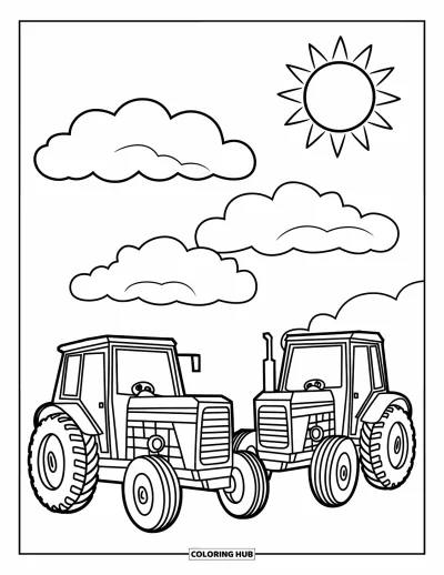 Coloriage de tracteur pour enfants : Deux tracteurs joyeux sont assis ensemble sous des nuages et un soleil souriant