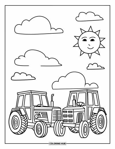 Coloriage Tracteur pour enfants : Deux tracteurs sont garés côte à côte sous des nuages moelleux et un soleil souriant