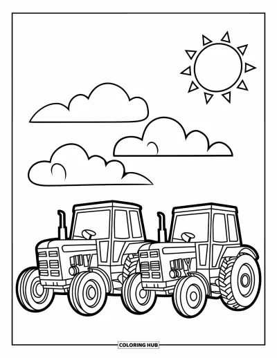 Coloriage de tracteur pour enfants : Deux tracteurs sont garés côte à côte sous des nuages duveteux et un soleil