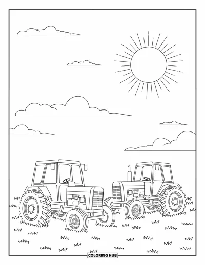Coloriage de tracteur pour enfants : Deux tracteurs se trouvent dans un champ herbeux avec des nuages et un grand soleil au-dessus