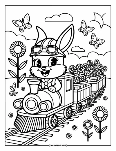 Train Coloring Page for Adults: A bunny conductor steers a train through fields of sunflowers and daisies