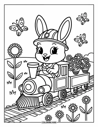 Train Coloring Page for Adults: A bunny drives a flower-filled train through a sunlit meadow