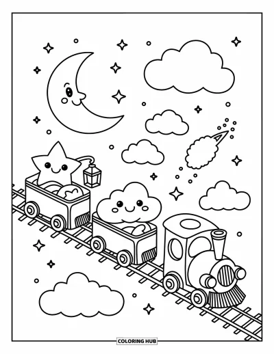 Train Coloring Page for Adults: A celestial train rides through the night, with a happy moon waving nearby