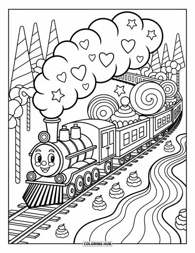 Train Coloring Page for Adults: A cheerful train puffs heart-shaped smoke as it rolls through a candy land