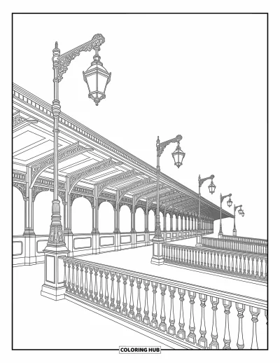 Train Coloring Page for Adults: A classic train station with decorative patterns and sophisticated design elements