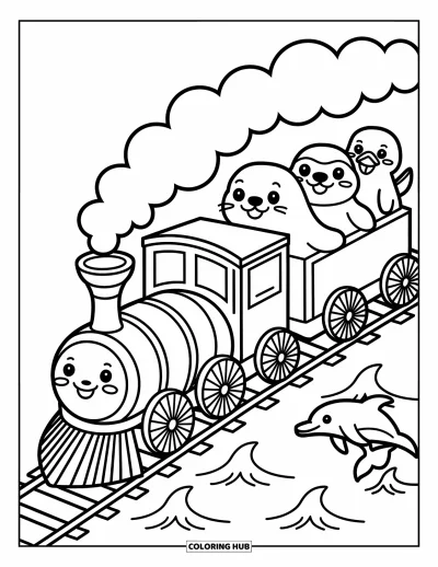 Train Coloring Page for Adults: A coastal train glides along the shore, surrounded by dolphins and ocean waves