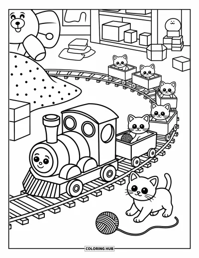 Train Coloring Page for Adults: A cozy train circles a bedroom, carrying kittens and playful yarn balls